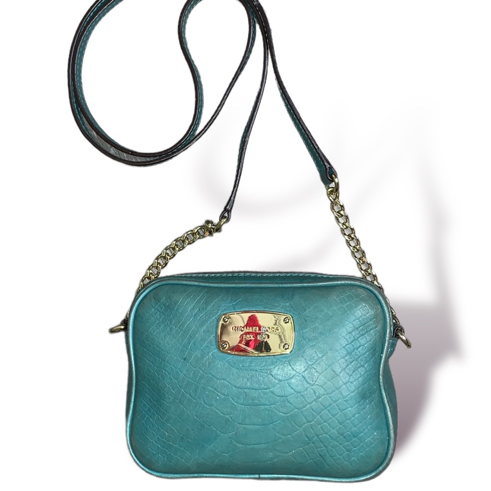 Michael Kors Luxury Leather Hamilton Sling Crossbody Bag in Turquoise & Gold